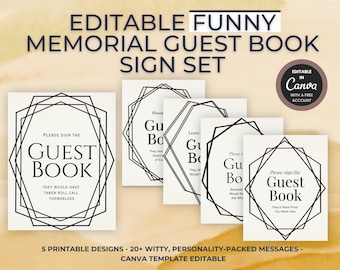 Witziges Erinnerungs-Gästebuchschild-Set | Humorvolle Feier des Lebens Zeichen | Bearbeitbare Canva Vorlage | Witziges Beerdigung Schild zum Ausdrucken