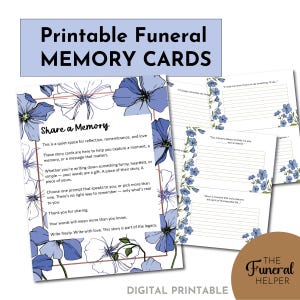 May include: Printable funeral memory cards with blue floral accents. The cards feature prompts for sharing memories and messages. The text reads "Share a Memory" and "Digital Printable".