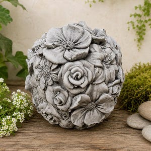 May include: A spherical garden ornament crafted from gray stone, featuring a detailed relief of various sculpted flowers including roses and daisies covering the entire surface. The object has a weathered, textured finish with deep gray shadows.