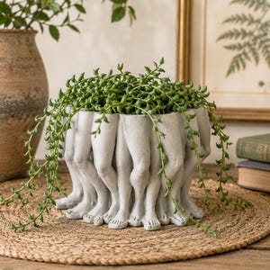May include: A light gray ceramic planter featuring a circular arrangement of sculpted human legs around the exterior. The planter is filled with a trailing green succulent plant with small, bead-like leaves that drape over the sides.