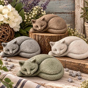 May include: Four cat figurines in various shades of brown, gray, white, and green, each depicted in a curled, sleeping position with eyes closed. The sculptures feature a textured, stone-like finish and are arranged on a wooden surface.