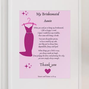 Impression de demoiselle d'honneur - poésie de mariage en téléchargement numérique, cadeau de remerciement de demoiselle d'honneur, personnalisé pour soeur, amie, cadeau unique, impression de poème A4.