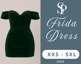 Frida Dress PDF Sewing Pattern | Off-Shoulder Fitted Mini Dress | Curve-Friendly | Beginner to Intermediate | Sizes XXS–5XL