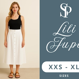 May include: A woman wearing a black tank top and a white button-down midi skirt. The skirt has a high waist and a row of buttons down the front. The image also includes the text "Lili Jupe" and size options from XXS to XL.