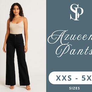 May include: A woman wearing a beige tank top and black Azucena pants. The pants are wide-legged and high-waisted. The image also includes the text "Azucena Pants" and size options from XXS to 5XL.