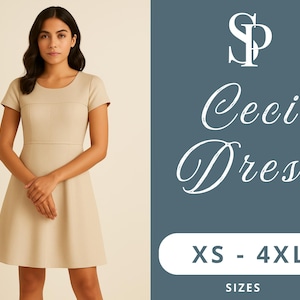 Könnte beinhalten: Ein beiges Ceci-Kleid mit Rundhalsausschnitt und kurzen Ärmeln. Das Kleid hat ein figurbetontes Oberteil und einen A-Linien-Rock. Das Bild enthält auch den Text "Ceci Dress" und die Größen XS bis 4XL.