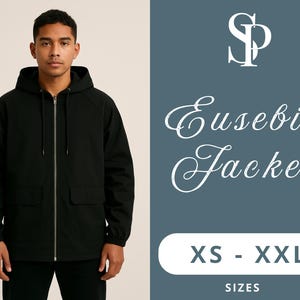 May include: A black hooded jacket with a zipper closure and two front pockets. The jacket is worn by a person. The image also includes the text "Eusebio Jacket" and size options from XS to XXL.