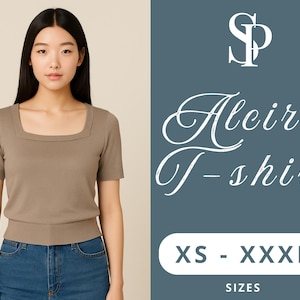 May include: A brown, square-neck t-shirt with short sleeves. The t-shirt is on a model wearing blue jeans. The text "Aleira T-shirt" and "XS - XXXL SIZES" is on a blue background.