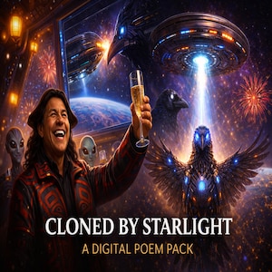Könnte beinhalten: Digitales Kunstwerk mit einem Mann, der mit einem Champagnerglas anstößt, umgeben von Außerirdischen, Raumschiffen und Feuerwerk. Der Text "CLONED BY STARLIGHT" und "A DIGITAL POEM PACK" ist zu sehen. Das Bild hat ein Science-Fiction-Thema.
