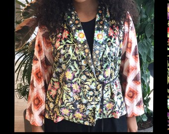 Dopamine dressing unique kimono style slouch blazer jacket in fun combination of patterns geometric and wildflowers made to order in London
