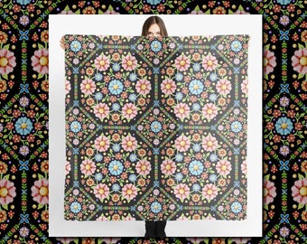 Pretty Floral Folkloric Large Scarf Chiffon 55 ins 140cm square Millefiori watercolour textile pattern by Manchester designer Patricia Shea