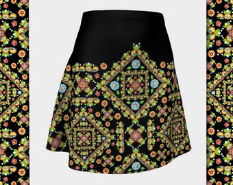 Boho Chic Goth Style Unique Flare Skater Skirt Placement design in Cottage Garden Folkloric pattern designed by Patricia Shea