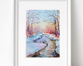 Abstract Watercolor Landscape Painting, Nature Wall,  Minimalist Forest Artwork, Christmas Gift