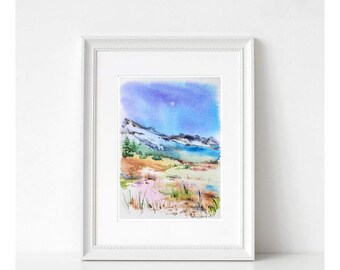 Abstract Watercolor Landscape Painting, Nature Wall,  Minimalist Forest Artwork, Christmas Gift