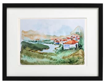 Abstract Watercolor Landscape Painting, Nature Wall,  Minimalist Forest Artwork, Christmas Gift