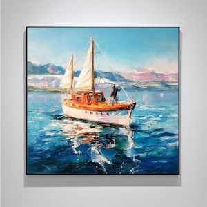 Arte de barco Pintura al óleo original sobre lienzo Arte de pared náutico azul Arte de pared de paisaje abstracto Impresionismo moderno 2025 Regalo para padre