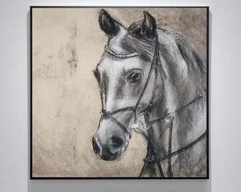 White Horse Charcoal Painting: Equestrian Art, Original Pastel Drawing
