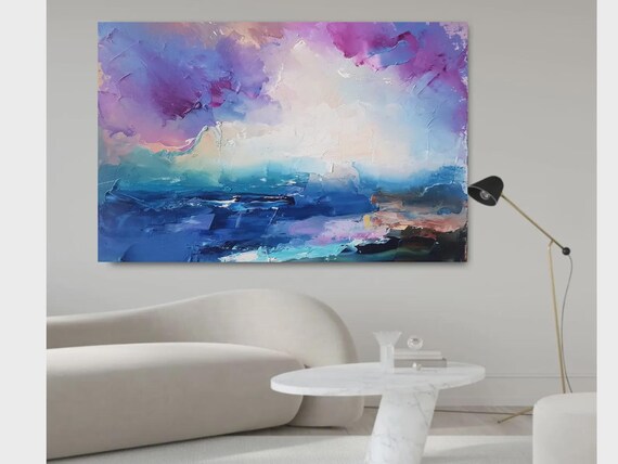 風景画 油彩画 紫と青の色合い テクスチャ油絵：キャンバスに描かれた