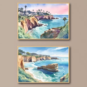 Set of 3 La Jolla Shores Watercolor Drawing Prints A4 Coastal Wall Art, Beach Landscape Digital Download, California Ocean Decor Wall Decor