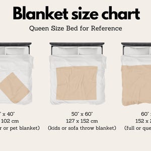 May include: A chart showing different blanket sizes with measurements in inches and centimeters. The chart shows a queen-sized bed for reference. The blanket sizes are 30" x 40" (76 x 102 cm), 50" x 60" (127 x 152 cm), and 60" x 80" (152 x 203 cm).