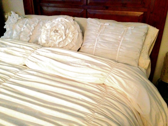 White Gathered King Duvet Cover And Ruffle Pillow Set Shabby Etsy