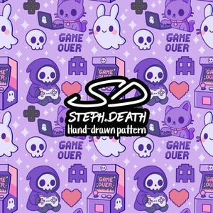 May include: A lavender-coloured pattern with cartoon characters including a ghost, cat, bunny, skull, grim reaper, and arcade machines. The design also features the words "GAME OVER".