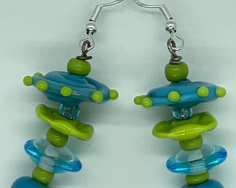 Alien Satellite Lamp Work Earrings Lime Blue