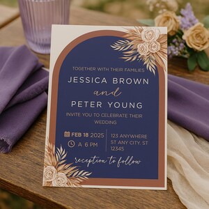 Tendencia 2025 / Elegante invitación de boda en terracota / Boho / Tema Future Dusk y mousse moca / Plantilla de invitación de boda digital