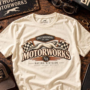 以下が含まれることがあります： オフホワイトの半袖Tシャツ。胸元には、走るグレイハウンド、チェッカーフラッグ、そして「GREYHOUNDRY EST. 2026 MOTORWORKS RACING DIVISION PEOPLE HOUNDS MACHINES」という文字が、茶色、黒、ベージュでプリントされています。