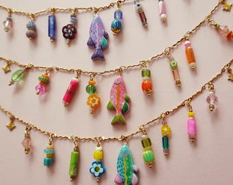 Hand-Painted Clay Summer Colorful Charm Necklace | Fish Seashell Ocean Inspired Jewelry Beachy Mermaid Gift polymer stainless steel murano