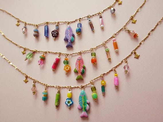 Hand-painted Clay Summer Colorful Charm Necklace Fish Seashell