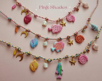 Handpainted Clay Summer Colorful Charm Necklace | PINK SHADES Fish Seashell Ocean Jewelry Beachy Mermaid Gift polymer cotton cord