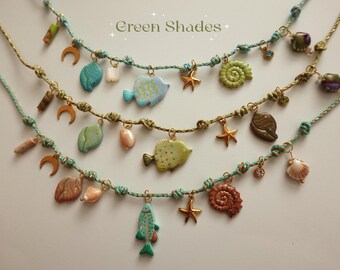Handpainted Clay Summer Colorful Charm Necklace | GREEN SHADES Fish Seashell Ocean Jewelry Beachy Mermaid Gift polymer cotton cord