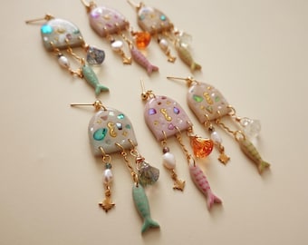 Cosmic sand dangles earrings | Polymer Clay | Summer Colorful Fish Seashell Ocean Jewelry Beachy Mermaid sun celestial astral holographic