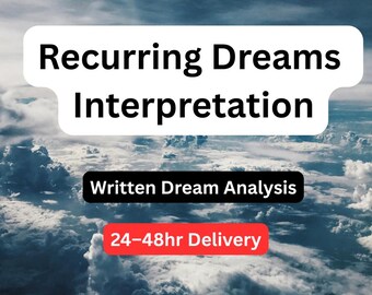 Könnte beinhalten: Bild eines bewölkten Himmels mit einem Halbmond. Text-Overlay mit "Recurring Dreams Interpretation", "Written Dream Analysis" und "24-48hr Delivery".