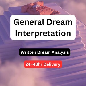 Pode incluir: Imagem de arte digital com uma estética sonhadora. A imagem apresenta uma cama com almofadas e um cobertor em uma plataforma, com o texto "General Dream Interpretation" e "Written Dream Analysis". O fundo é um céu nublado.