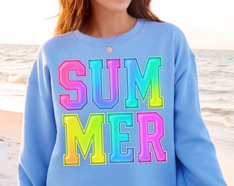 Summer PNG, Rainbow Neon Text Shirt Design, Trendy Sublimation for Sunshine Season, Preppy Vacation Vibes, Pool Beach Lake Style