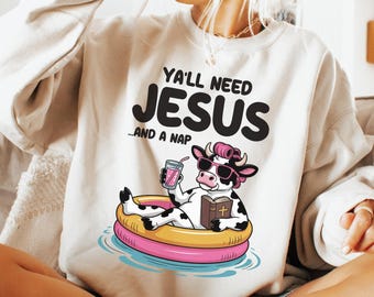 Vocês precisam de Jesus e de um cochilo PNG, Vaca engraçada PNG, Sublimação cristã, Design de meme de Jesus, Camiseta retrô com clima de verão, Humor sarcástico PNG