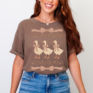May include: A brown t-shirt with a graphic of three ducks wearing bows. The ducks are in a line and are facing the right. The shirt has a floral pattern around the ducks and a bow at the bottom.