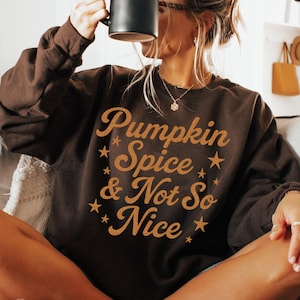May include: A brown sweatshirt with the text "Pumpkin Spice & Not So Nice" in gold lettering. The sweatshirt is paired with a black mug. The image captures a cozy, autumnal theme, perfect for autumn.