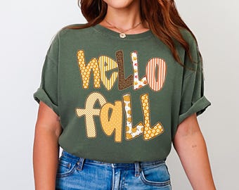 Hello Fall PNG, Patchwork Fall Letter PNG, Cute Autumn Lettering PNG for Sublimation, Pumpkin Season Text Design for Shirts, Preppy Fall Png
