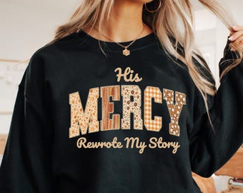 Su Misericordia reescribió mi historia PNG, diseño cristiano de sublimación, fe otoñal con patchwork retro PNG, descarga de gráfico de camiseta con versículo bíblico de Acción de Gracias