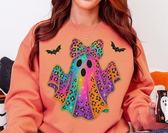Neon Leopard Glitter Ghost PNG, Cute Boo Bow Ghost Png, Rainbow Halloween Ghost Png, Girly Glitter Sublimation, Spooky Season Png