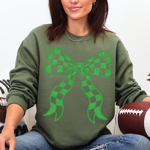 Green Checkered Bow PNG, Green Game Day Shirt Design, Checkered School Mascot PNG, Coquette Bow Game Day Shirt Design PNG, Baseball Football