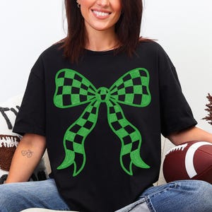 Green Checkered Bow PNG, Green Game Day Shirt Design, Checkered School Mascot PNG, Coquette Bow Game Day Shirt Design PNG, Baseball Football