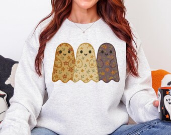 Preppy blommigt spöke PNG, mysiga höst-Halloween-spöken, fuskbroderi höst-Spöke PNG, trendig vintage lapptäcke Halloween-design