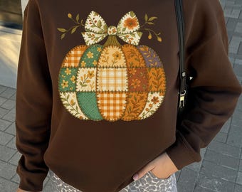 Patchwork Floral Pumpkin PNG, Cozy Fall Pumpkin, Faux Embroidery Autumn Pumpkin Design, Vintage Quilt Fall PNG, Trendy Pumpkins PNG