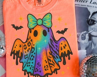 Neon Drippy Leopard Glitter Ghost PNG, Cute Boo Ghost Bow Png, Rainbow Halloween Ghost Png, Girly Glitter Sublimation, Spooky Season Design
