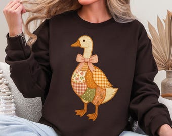 Fall Goose Faux Embroidery PNG, Patchwork Autumn Goose with Bow, Boho Farmhouse Fall Animal Sublimation Design, Thanksgiving PNG