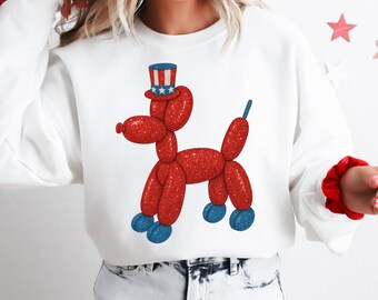 Cane con palloncino glitterato patriottico in formato PNG, 4 luglio in formato PNG, 4 luglio in formato PNG, estetica preppy, animale con palloncino, design a sublimazione con cane con palloncino